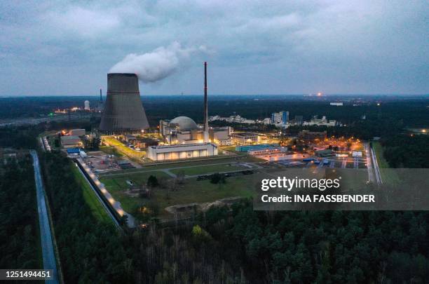 An aerial view taken on April 10, 2023 shows the nuclear power plant Emsland by German multinational energy company RWE in Lingen, western Germany. -...