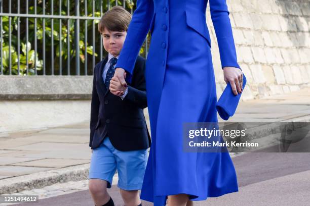 Prince Louis arrives with Catherine, Princess of Wales, to attend the Easter Sunday church service at St George's Chapel in Windsor Castle on 9 April...