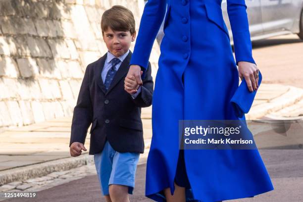 Prince Louis arrives with Catherine, Princess of Wales, to attend the Easter Sunday church service at St George's Chapel in Windsor Castle on 9 April...