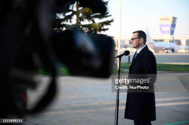 Polish Prime Minister Mateusz Morawiecki is seen at Chopin Airport speaking to the press on 11 April, 2023. The three day visit is meant to...