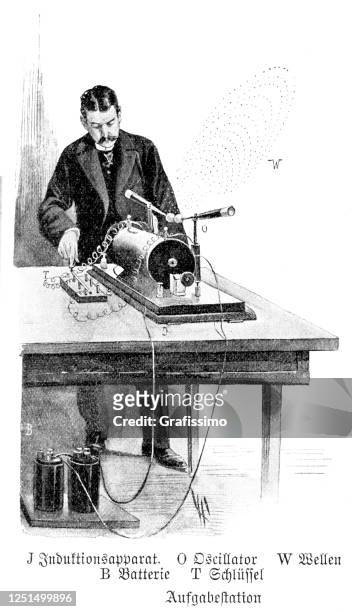 man sending message with wireless radio transmission 1899 - guglielmo marconi stock illustrations