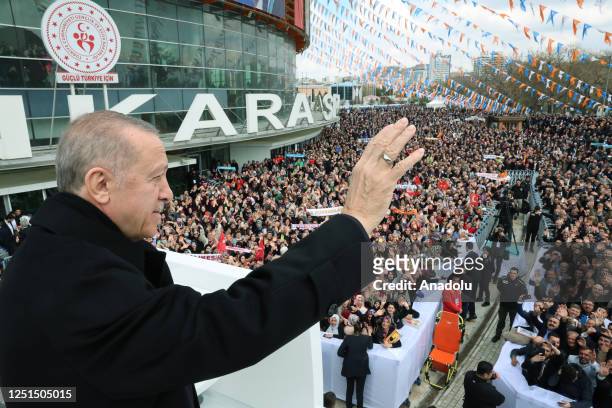 Turkish President and Leader of the Justice and Development Party, Recep Tayyip Erdogan greets the crowd from top of a bus outside Ankara Sports Hall...