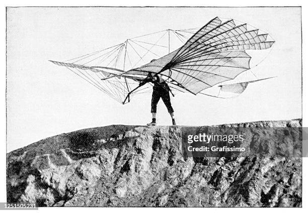 illustrazioni stock, clip art, cartoni animati e icone di tendenza di ingegnere otto lilienthal con macchina volante aliante 1895 - scoperta