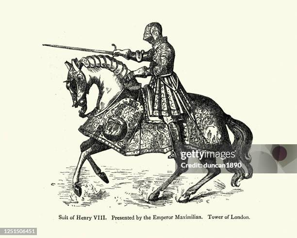 armoured horse and knight, early 16th century - horseback riding stock illustrations
