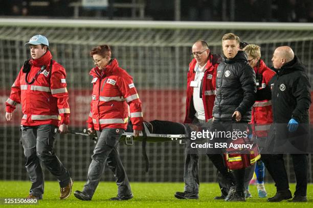 Marcelencio Esajas of Almere City FC leaves the pitch injured during the Dutch Keukenkampioendivisie match between Almere City FC and Jong AZ at...