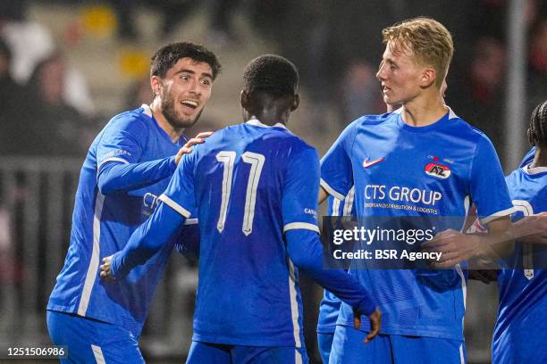 Yusuf Barasi of Jong AZ, players of Jong AZ celebrate the first goal during the Dutch Keukenkampioendivisie match between Almere City FC and Jong AZ...