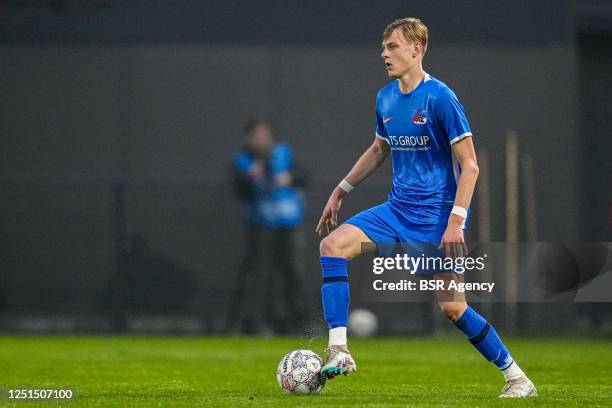 Finn Stam of Jong AZ during the Dutch Keukenkampioendivisie match between Almere City FC and Jong AZ at Yanmar Stadion on April 7, 2023 in Almere,...