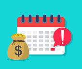 Calendar payment. Money with date on schedule. Plan for salary. Reminder of deposit period. Tax day icon. concept of pay in time. Payday in term. Dollar loan for economic. Deadline payroll. Vector