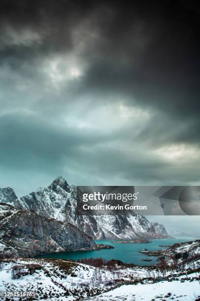 mountain panorama with dramatic sky - fishing village stock pictures, royalty-free photos & images