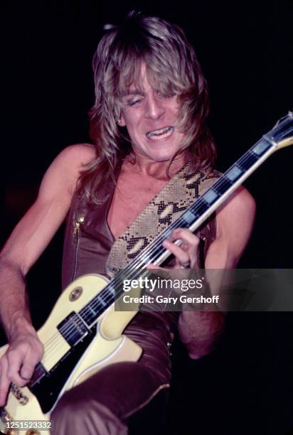 American Heavy Metal musician Randy Rhoads plays guitar as he performs, during the 'Blizzard of Ozz Tour,' at Nassau Coliseum, Uniondale, New York,...