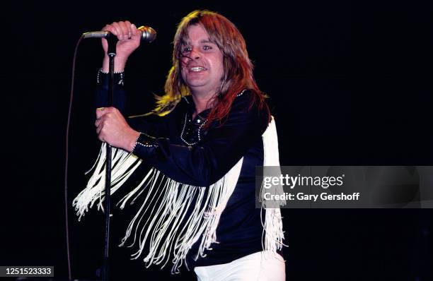 British Heavy metal singer Ozzy Osbourne performs, during the 'Blizzard of Ozz Tour,' onstage at Nassau Coliseum, Uniondale, New York, August 14,...