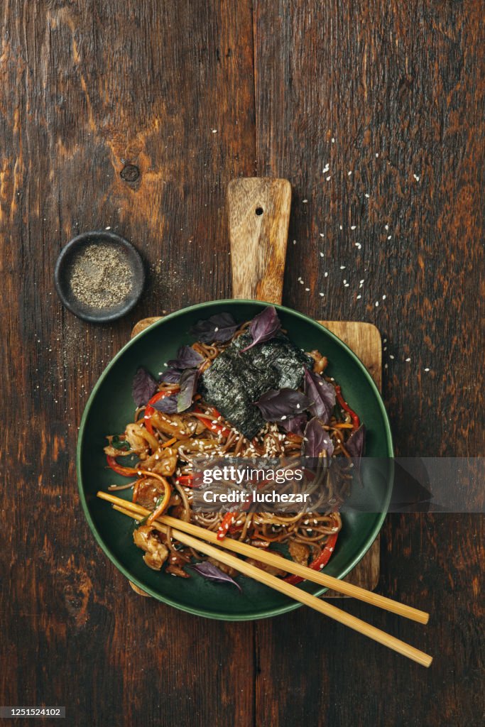 Japanese Yaki Soba noodles with chicken and vegetables