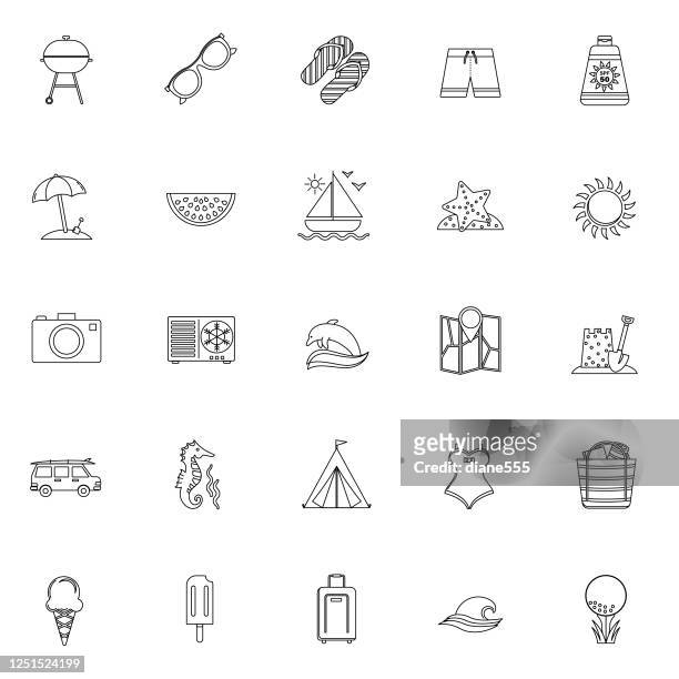 thin line summer icons in thin line style - beach bbq stock illustrations