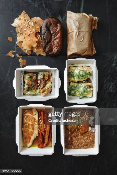 danish dishes for family dinner in recyclable containers - sous vide stock pictures, royalty-free photos & images