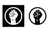 Raised hand with clenched fist in a circle. Set of icons depicting solidarity, anti-racism, protest and strength.