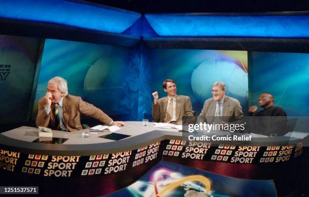 Des Lynam, Alan Hansen, Jimmy Hill and Garth Crooks during the filming of the Match of The Day sketch to be shown on Comic Relief’s Red Nose Day...