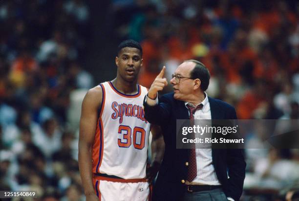 Jim Boeheim, Head Coach and Billy Owens, Center for the University of Syracuse Orange men's basketball teamduring the 1989/90 NCAA Atlantic Coast...