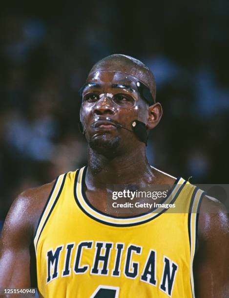 Chris Webber, Forward for the University of Michigan Wolverines wearing a face protecting mask during the NCAA Big-10 Conference college basketball...