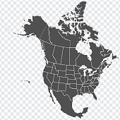 Map of North America. Detailed map of North America with States of the USA and Provinces of Canada. Template. Stock vector. EPS10.