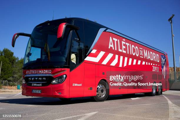 The bus of Club Atletico de Madrid arrives at the stadium prior to the Liga match between Levante UD and Club Atletico de Madrid at Estadi Olimpic...