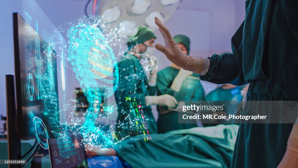 Doctor using hologram modern virtual screen interface Respiratory System in the operating room, innovative and future of medical and healthcare technology