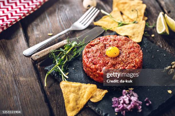 beef tartare with quail egg and spices - tartar sauce stock pictures, royalty-free photos & images