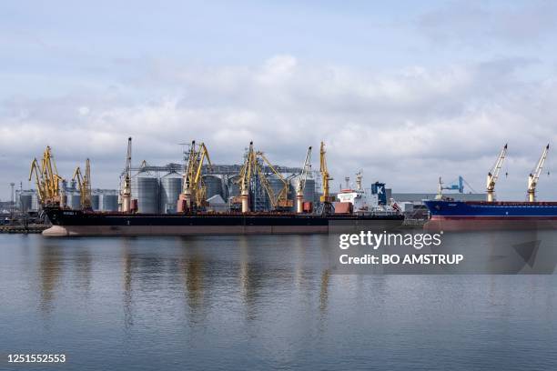 Bulk carriers ARGO I and Lucent are docked at the grain terminal of the port of Odessa, Ukraine, on April 10 from where Ukraine ships wheat according...