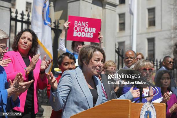 Boston, MA Massachusetts Governor Maura Healey speaks at a press conference announcing the continued availability of Mifepristone.