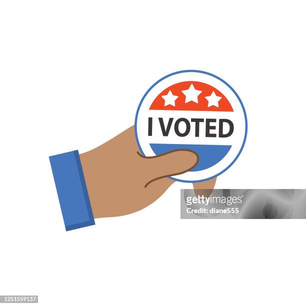 politik und wahl flat design ikone. hand halten "ich habe abgestimmt" taste - i voted sticker stock-grafiken, -clipart, -cartoons und -symbole