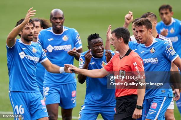 Dakonam Djene of Getafe CF reacts after penalty call during the Liga match between Real Valladolid CF and Getafe CF at Jose Zorrilla on June 23, 2020...