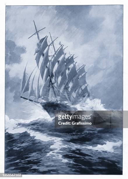 stockillustraties, clipart, cartoons en iconen met duits clipper zeilschip potosi dichtbij kaap hoorn 1899 - mast sailing