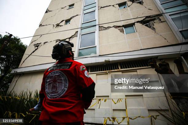 An urban search and rescue rescuer looks a damage bulding since the 2017 earthquake on June 23, 2020 in Mexico City, Mexico. According to the...