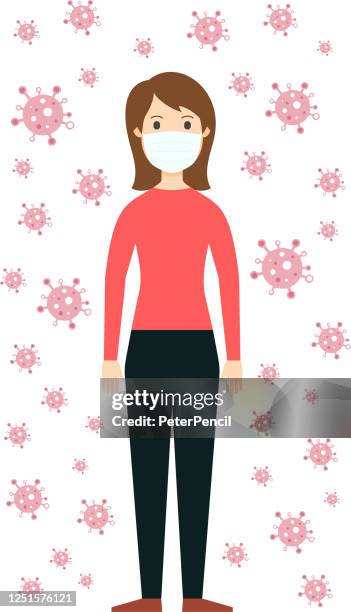 woman in medical face mask and viruses around - social distance coronavirus covid-19 concept vector flat illustration - wind in face stock illustrations