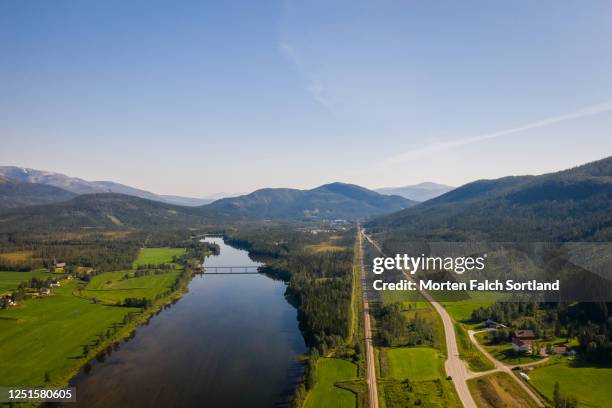 aerial view of a stunning river in namsskogan, norway - trøndelag stock pictures, royalty-free photos & images