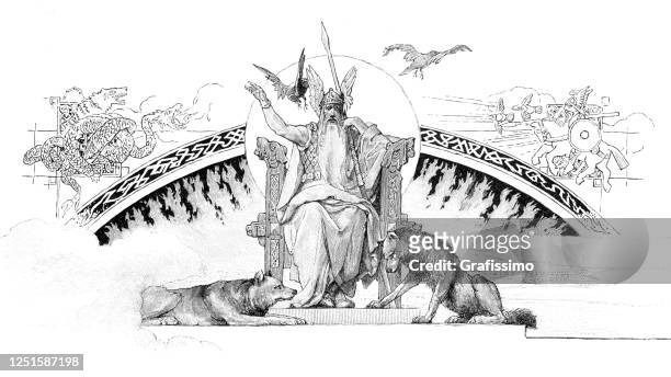 ilustraciones, imágenes clip art, dibujos animados e iconos de stock de mitología nórdica wotan u odín sentados en su trono - diosa
