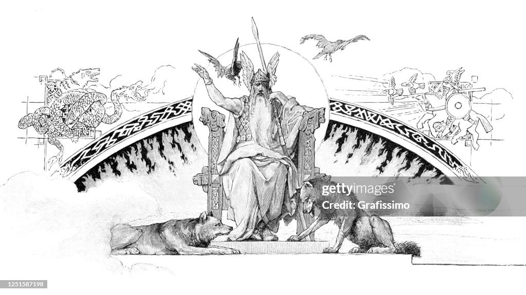 Norse mythology Wotan or Odin sitting on his throne
