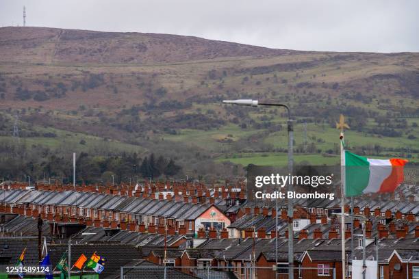 National flag of Ireland in the Ardoyne neighbourhood during a traditional Easter Tuesday commemoration marking the anniversary of the Easter Rising...