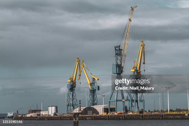 cranes at the quayside of a commercial dock - belfast dock stock pictures, royalty-free photos & images