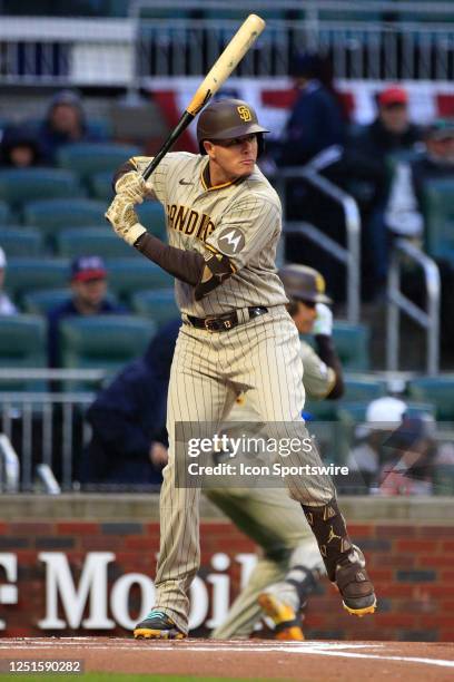 San Diego Padres third baseman Manny Machado prepares to hit during the MLB game between the San Diego Padres and the Atlanta Braves on April 8, 2023...