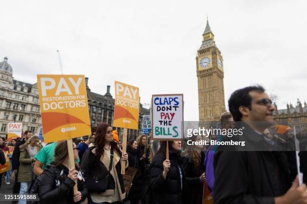 Junior doctors march from Trafalgar Square to the Houses of Parliament during strike action in London, UK, on Tuesday, April 11, 2023. Tens of...