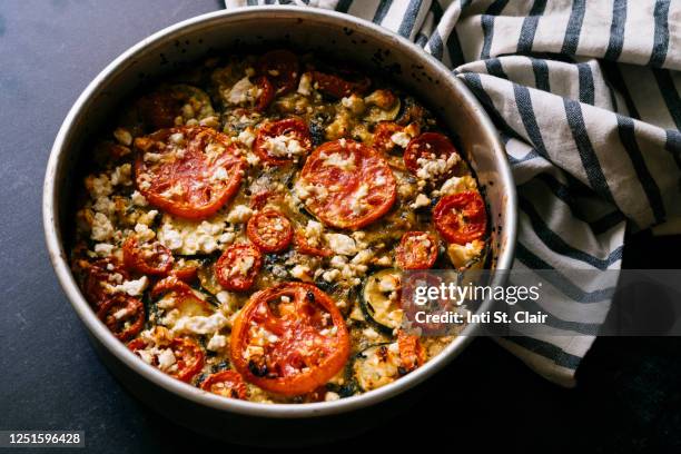 roasted tomato, zucchini, cauliflower quiche - courgette stock pictures, royalty-free photos & images