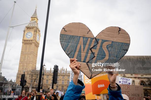 On the first of their four-day nationwide industrial action, striking junior doctors march past Parliament in Westminster, on 11th April 2023, in...