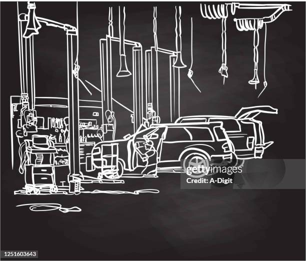 ilustraciones, imágenes clip art, dibujos animados e iconos de stock de car dealership garage pizarra genérica - suv analyzer