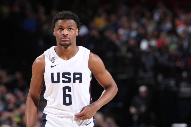 Bronny James of Team USA looks on during the 2023 Nike Hoop Summit on April 8, 2023 at the Moda Center Arena in Portland, Oregon. NOTE TO USER: User...