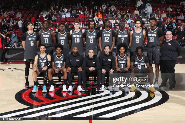 Team World poses for a team photo before the 2023 Nike Hoop Summit on April 8, 2023 at the Moda Center Arena in Portland, Oregon. NOTE TO USER: User...