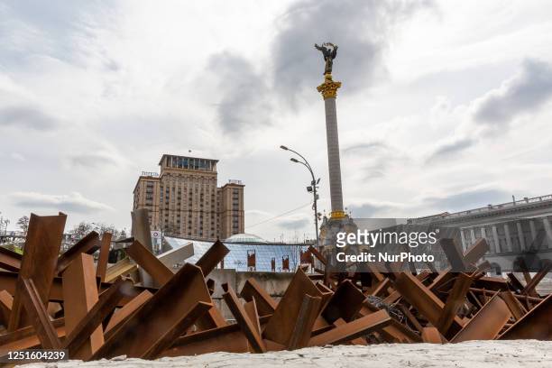 Road blocks are seen on Maidan Nezalezhnosti in central Kyiv, the capital of Ukraine on April 11, 2023. Families and friends of the killed serviceman...