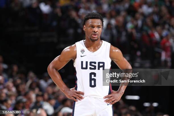 Bronny James of Team USA looks on during the 2023 Nike Hoop Summit on April 8, 2023 at the Moda Center Arena in Portland, Oregon. NOTE TO USER: User...