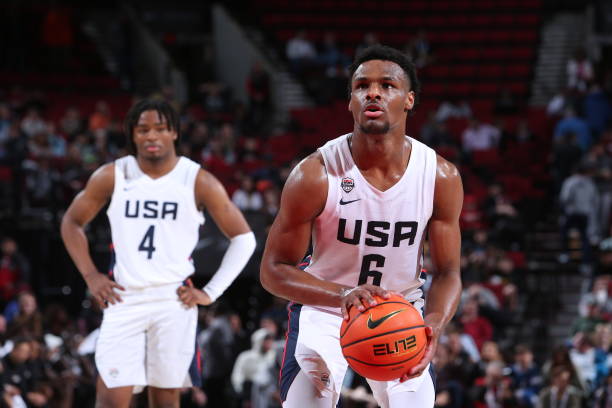 Bronny James of Team USA shoots a foul shot during the 2023 Nike Hoop Summit on April 8, 2023 at the Moda Center Arena in Portland, Oregon. NOTE TO...