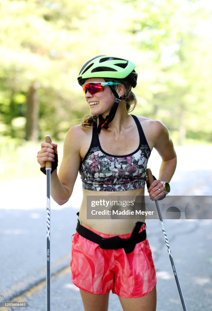 Olympic cross country skier Jessie Diggins looks on after roller