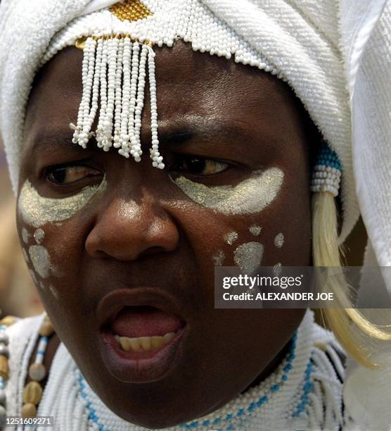 One among 600 South African traditional leaders gathering for a healing ceremony to put to rest the ghosts of racial oppression as they celebrate...